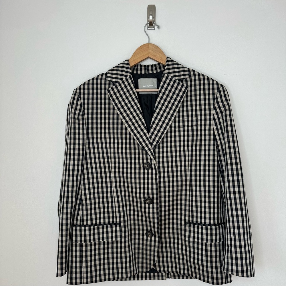 Everlane Jacket Women 8 Black Beige Check Plaid Gingham Blazer 3 Button Preppy
